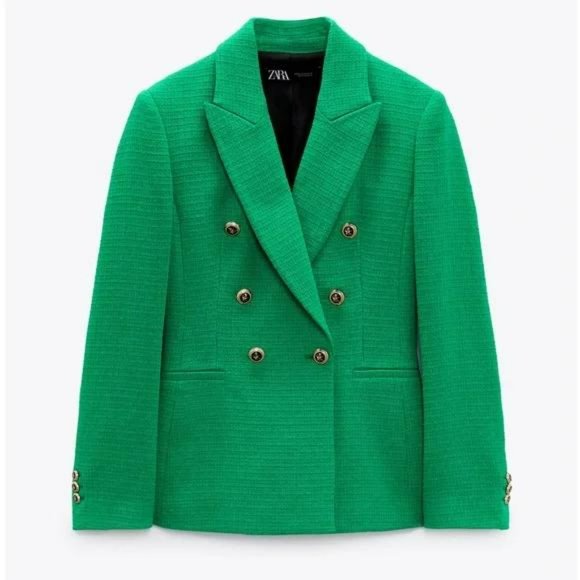 NWT ZARA BALMAIN STYLE TEXTURED BLAZER GOLD BUTTONS M GREEN - Picture 4 of 7